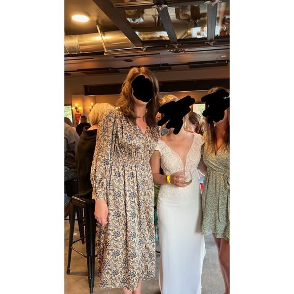 SANDRO Yellow Floral Print Deep V-Neck Airy Puffed Sleeves Midi Dress Size 40 - Picture 14 of 14